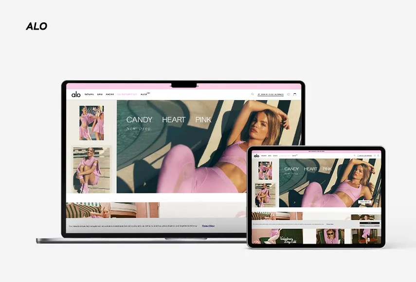 Website homepage design for ALO, presented on laptop and tablet.