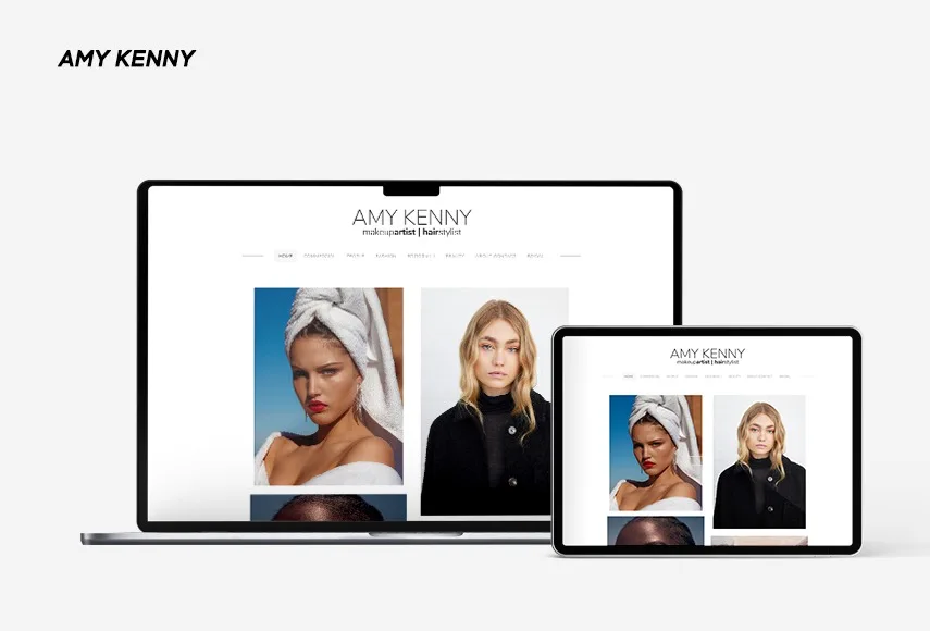 Website design for Amy Kenny, a makeup and hair portfolio, shown on laptop and tablet.
