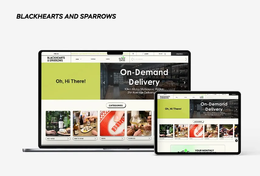 Website design for Blackhearts and Sparrows, shown on laptop and tablet.