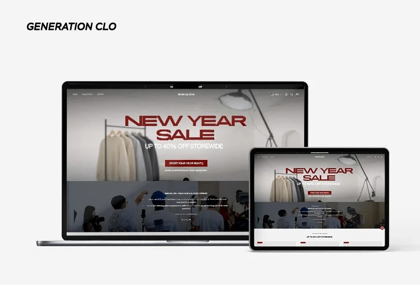 Website design for Generation Clo, shown on laptop and tablet.