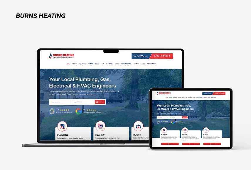 Website development for Burns Heating, shown on laptop and tablet.