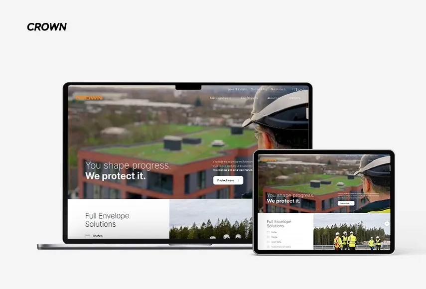 Website development for Crown, shown on laptop and tablet.