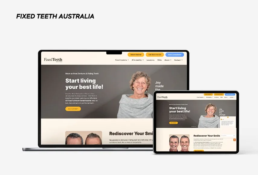 Website development for Fixed Teeth Australia, shown on laptop and tablet.