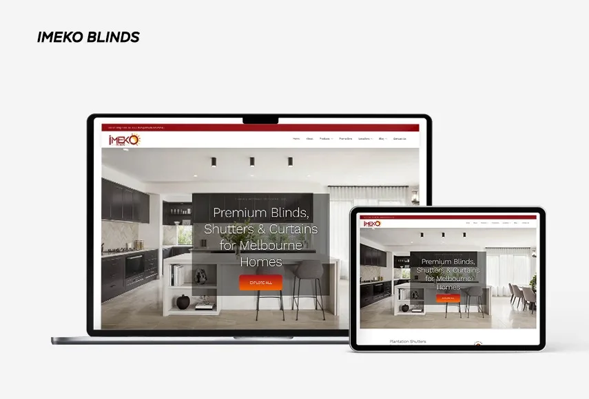 Website development for Imeko Blinds, shown on laptop and tablet.