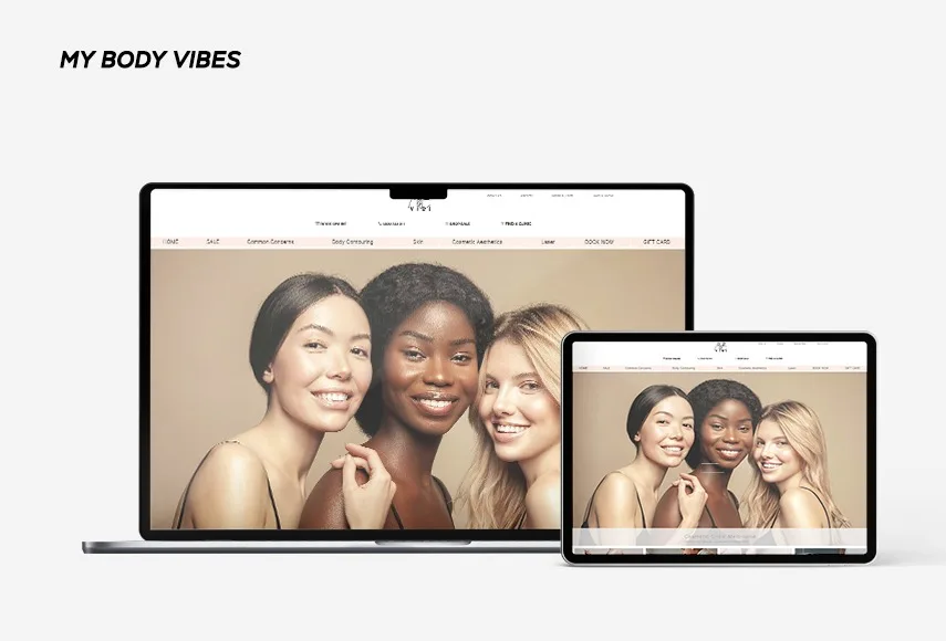 Website development for My Body Vibes, shown on laptop and tablet.