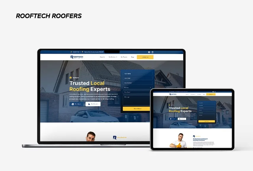 Website development for Rooftech Roofers, shown on laptop and tablet.